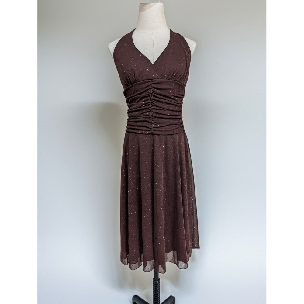 Vintage Y2K‎ Speechless Brown Mesh Glitter Halter Dress Ruched Shimmer Fairy